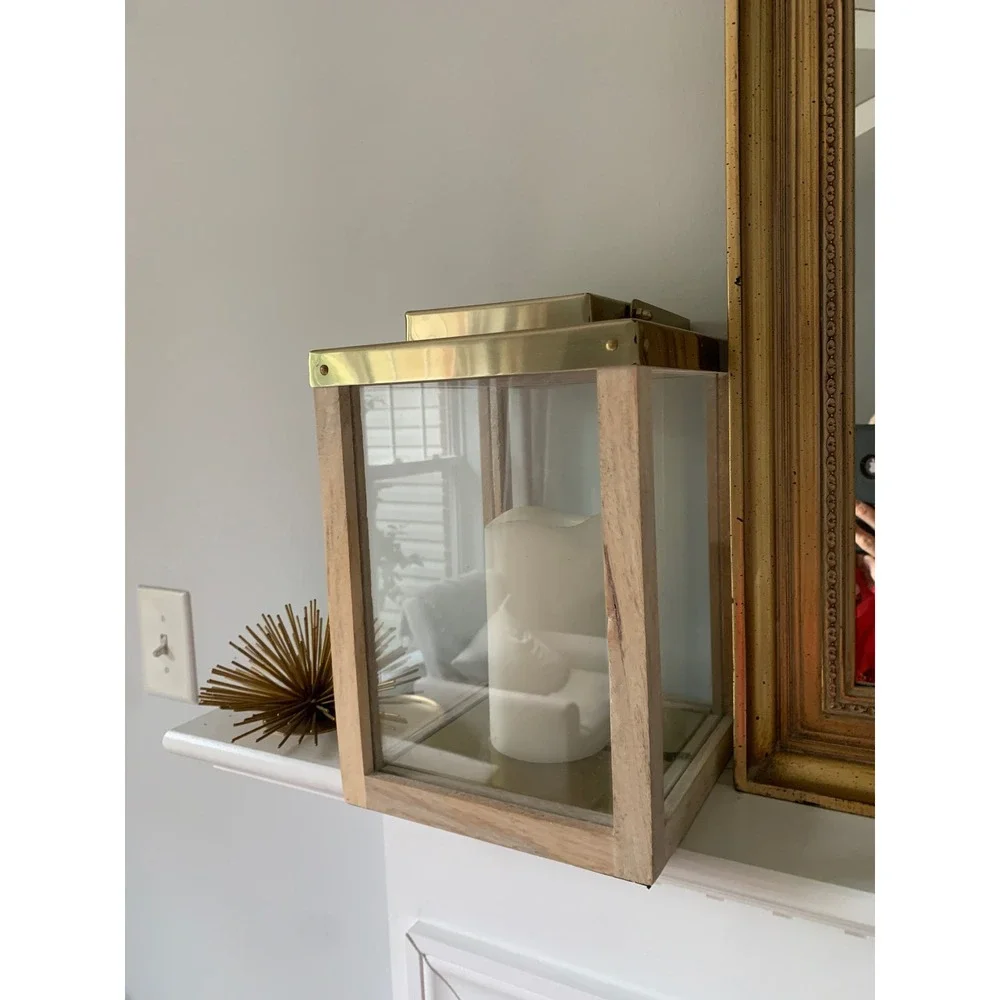 Wood and Brass Metal Decorative Candle Lantern Glass Panels Rustic Farmhouse‎